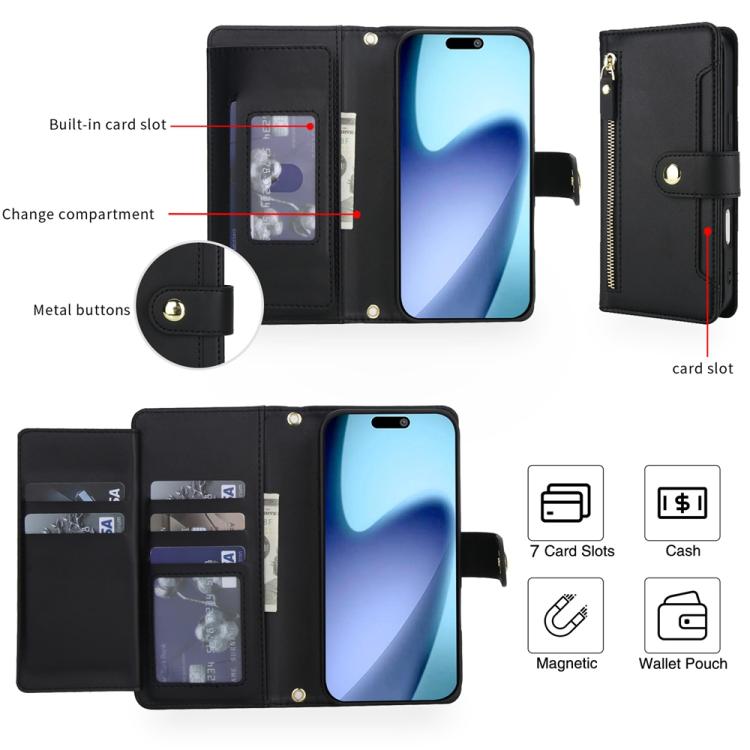 For iPhone Air Seven Card Slots Zipper Wallet Leather Phone Case with Lanyard