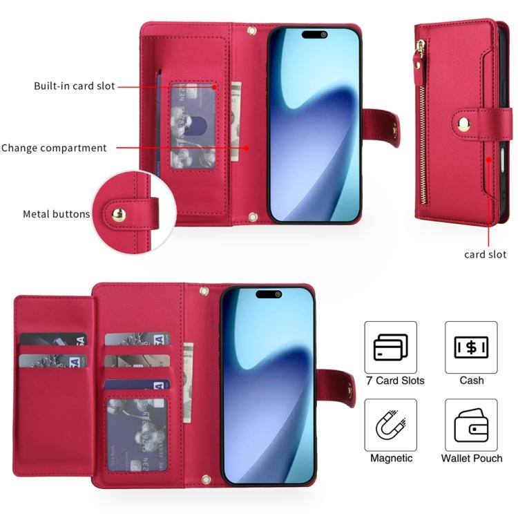 For iPhone Air Seven Card Slots Zipper Wallet Leather Phone Case with Lanyard