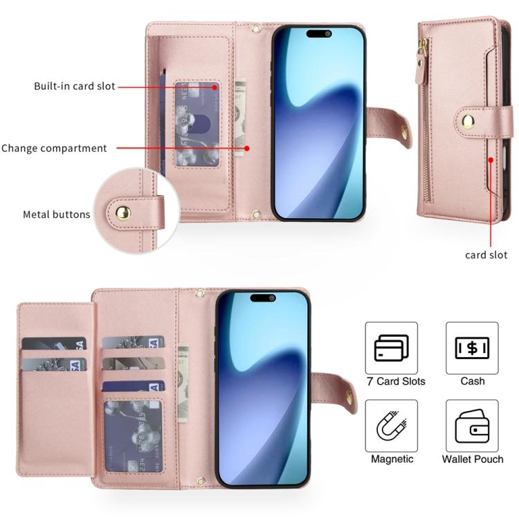For iPhone Air Seven Card Slots Zipper Wallet Leather Phone Case with Lanyard