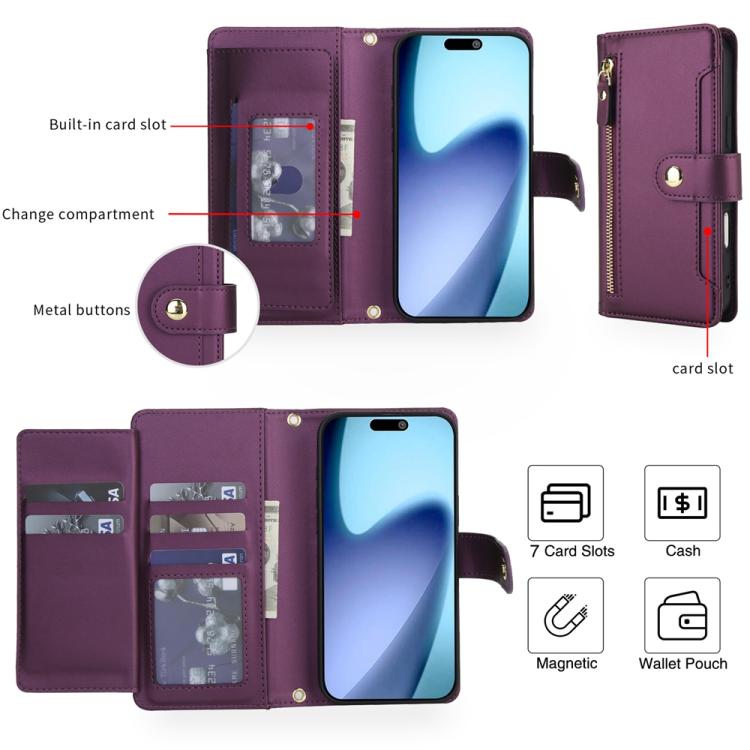 For iPhone Air Seven Card Slots Zipper Wallet Leather Phone Case with Lanyard