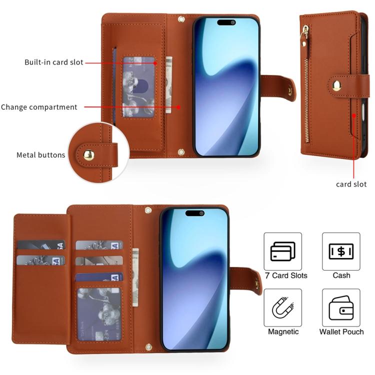 For iPhone Air Seven Card Slots Zipper Wallet Leather Phone Case with Lanyard