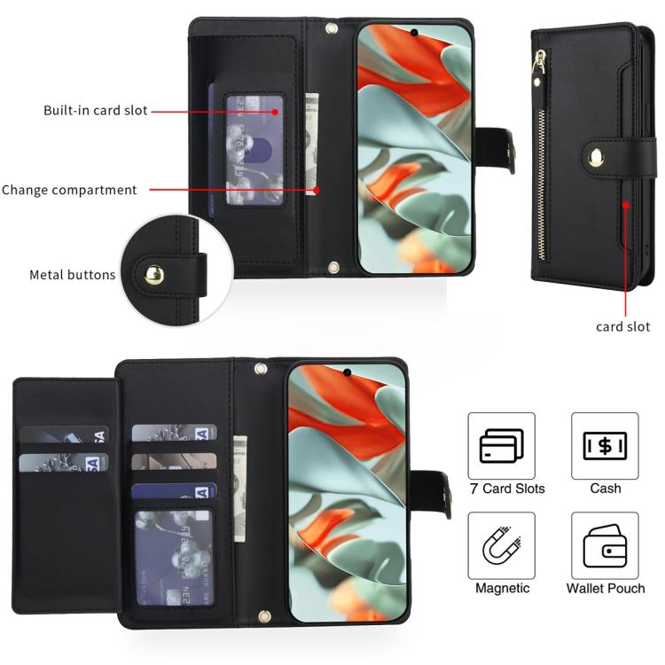 For Google Pixel 10 Pro XL / 9 Pro XL Seven Card Slots Zipper Wallet Leather Phone Case with Lanyard