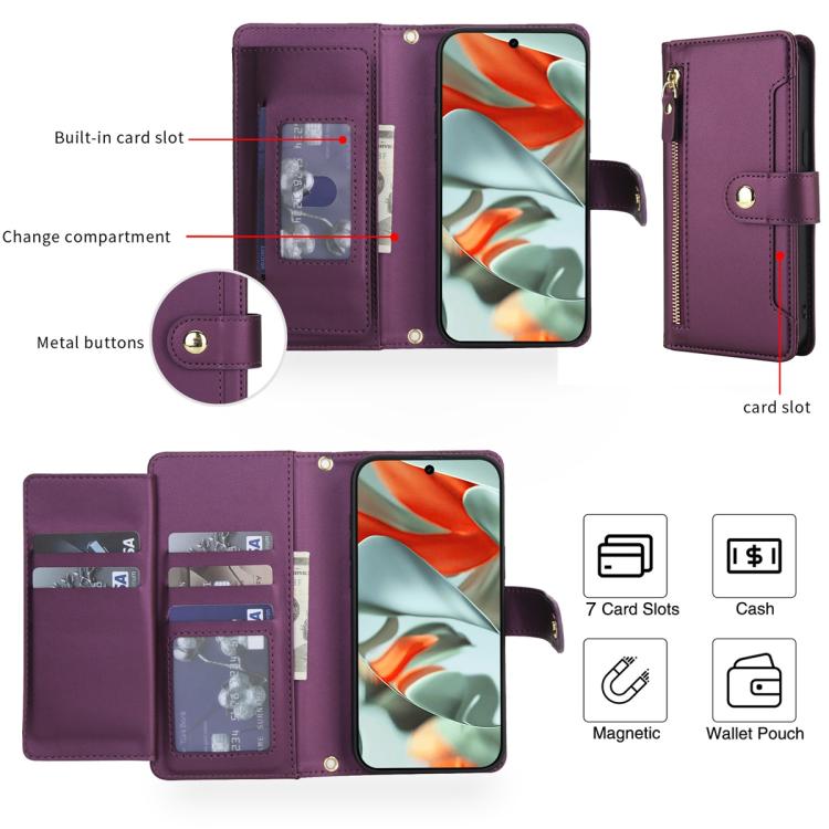 For Google Pixel 10 / 10 Pro / 9 / 9 Pro Seven Card Slots Zipper Wallet Leather Phone Case with Lanyard