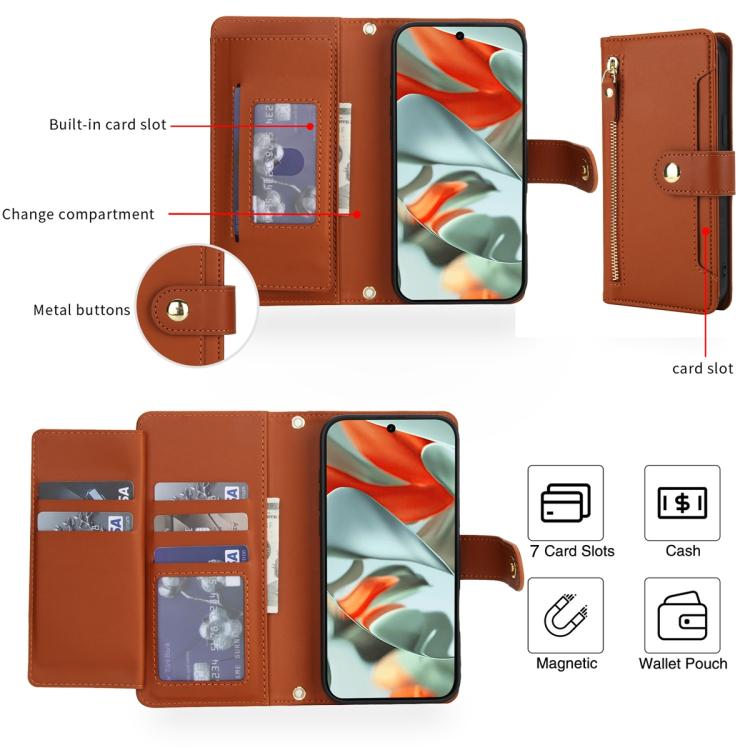 For Google Pixel 10 / 10 Pro / 9 / 9 Pro Seven Card Slots Zipper Wallet Leather Phone Case with Lanyard