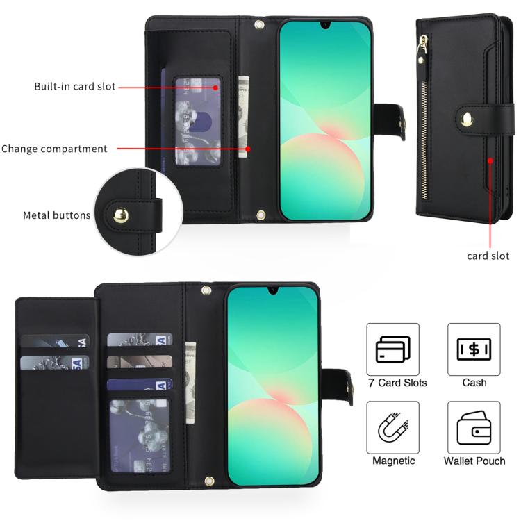 For Samsung Galaxy A17 / A26 / A16 Seven Card Slots Zipper Wallet Leather Phone Case with Lanyard