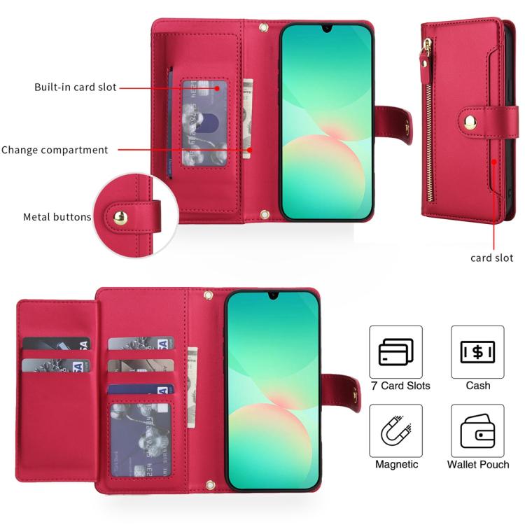 For Samsung Galaxy A17 / A26 / A16 Seven Card Slots Zipper Wallet Leather Phone Case with Lanyard