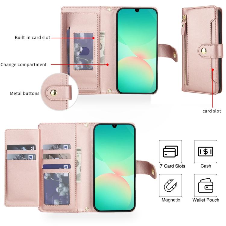 For Samsung Galaxy A17 / A26 / A16 Seven Card Slots Zipper Wallet Leather Phone Case with Lanyard