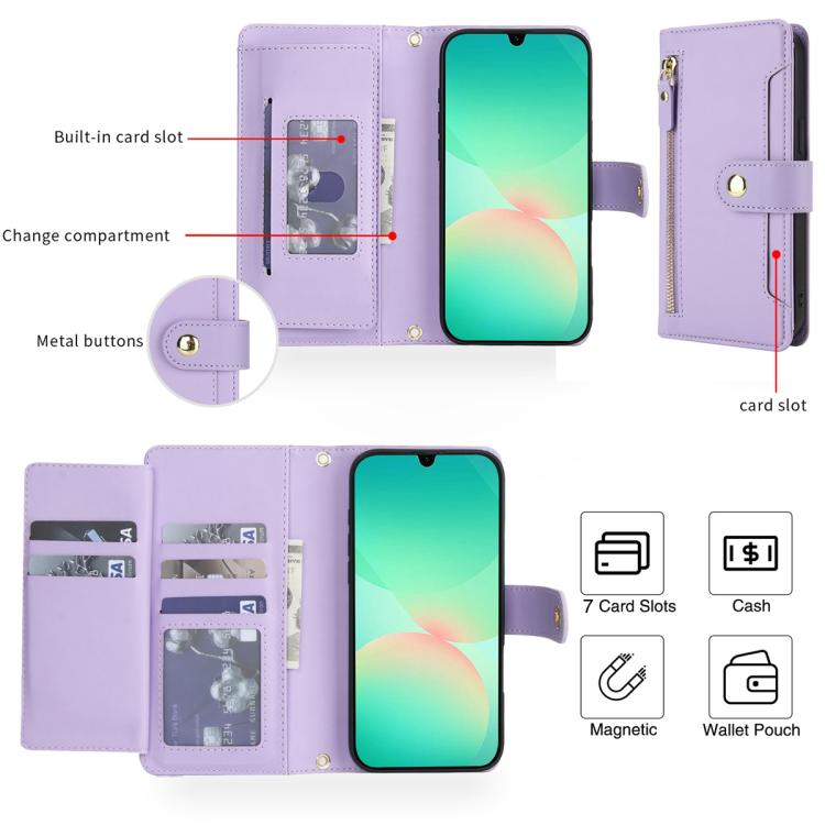 For Samsung Galaxy A17 / A26 / A16 Seven Card Slots Zipper Wallet Leather Phone Case with Lanyard