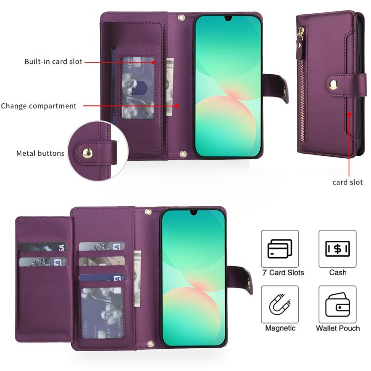 For Samsung Galaxy A17 / A26 / A16 Seven Card Slots Zipper Wallet Leather Phone Case with Lanyard