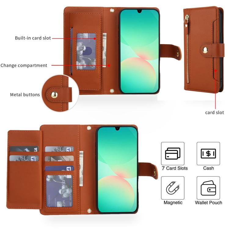 For Samsung Galaxy A17 / A26 / A16 Seven Card Slots Zipper Wallet Leather Phone Case with Lanyard