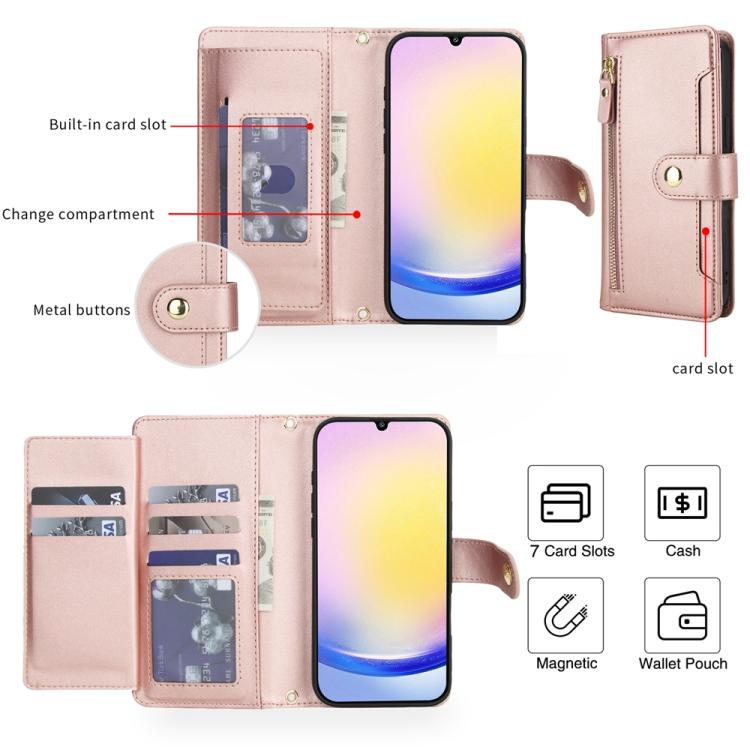 For Samsung Galaxy A15 5G / 4G Seven Card Slots Zipper Wallet Leather Phone Case with Lanyard