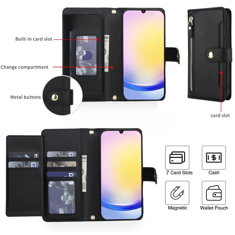 For Samsung Galaxy A25 5G Seven Card Slots Zipper Wallet Leather Phone Case with Lanyard