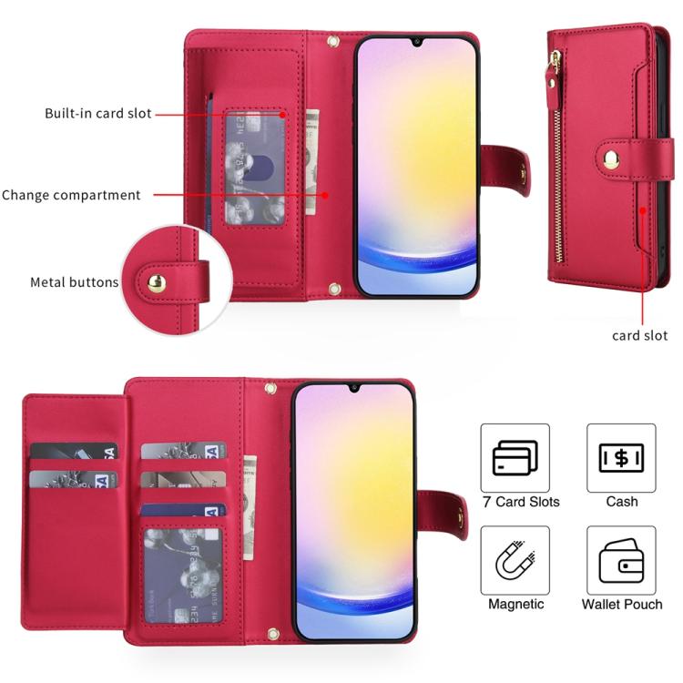 For Samsung Galaxy A25 5G Seven Card Slots Zipper Wallet Leather Phone Case with Lanyard