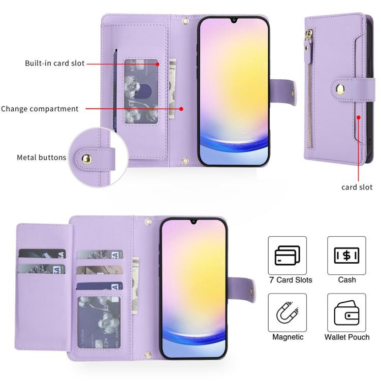 For Samsung Galaxy A25 5G Seven Card Slots Zipper Wallet Leather Phone Case with Lanyard