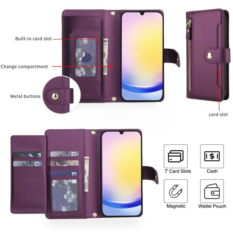 For Samsung Galaxy A25 5G Seven Card Slots Zipper Wallet Leather Phone Case with Lanyard