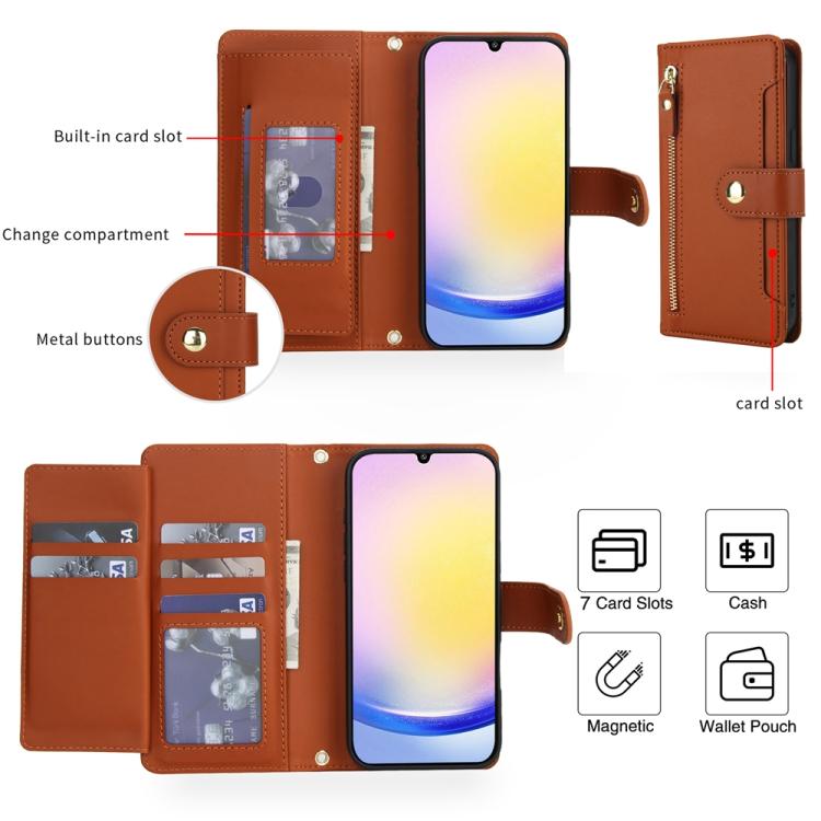 For Samsung Galaxy A25 5G Seven Card Slots Zipper Wallet Leather Phone Case with Lanyard