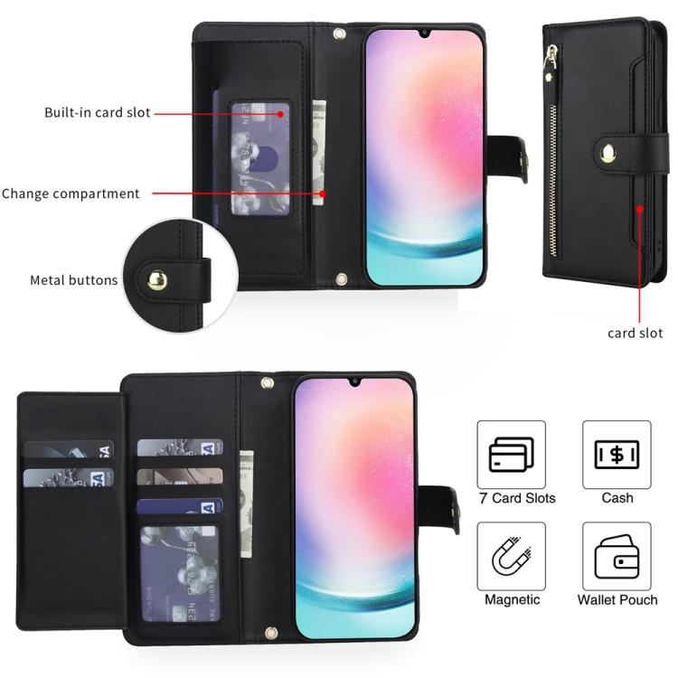 For Samsung Galaxy A24 4G Seven Card Slots Zipper Wallet Leather Phone Case with Lanyard