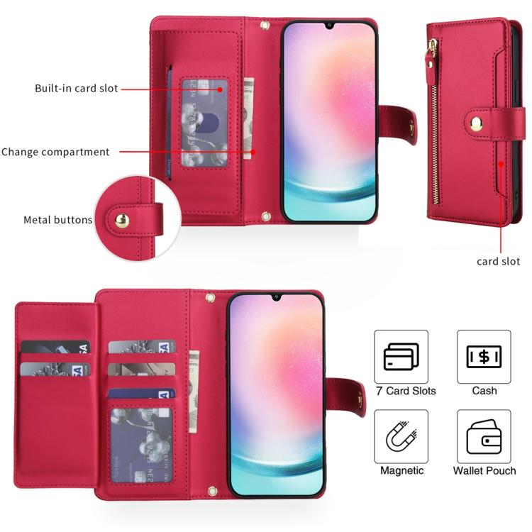 For Samsung Galaxy A24 4G Seven Card Slots Zipper Wallet Leather Phone Case with Lanyard