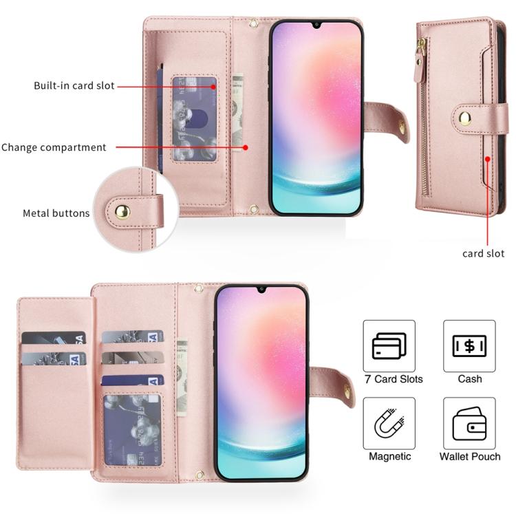 For Samsung Galaxy A24 4G Seven Card Slots Zipper Wallet Leather Phone Case with Lanyard