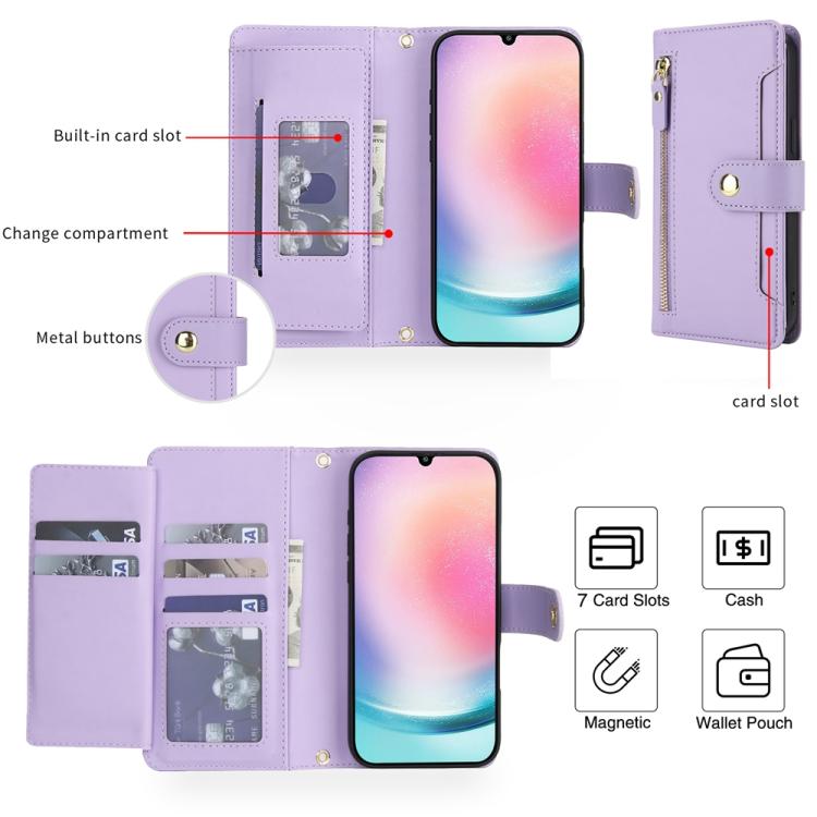For Samsung Galaxy A24 4G Seven Card Slots Zipper Wallet Leather Phone Case with Lanyard