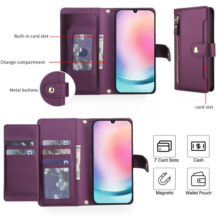 For Samsung Galaxy A24 4G Seven Card Slots Zipper Wallet Leather Phone Case with Lanyard