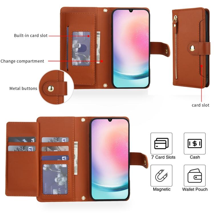 For Samsung Galaxy A24 4G Seven Card Slots Zipper Wallet Leather Phone Case with Lanyard