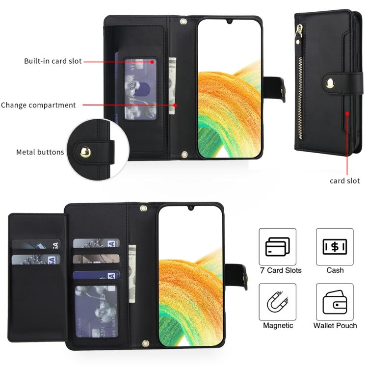 For Samsung Galaxy A33 5G Seven Card Slots Zipper Wallet Leather Phone Case with Lanyard