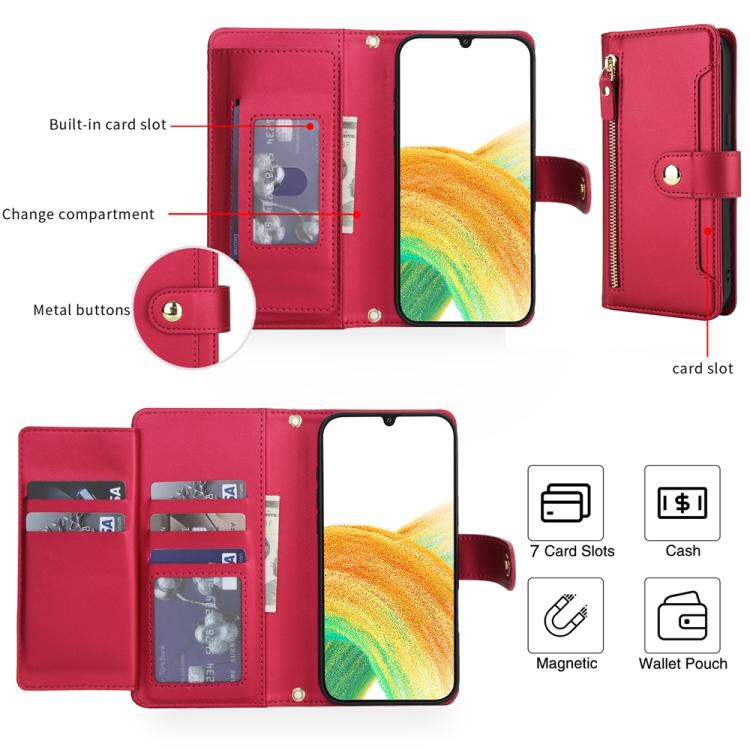 For Samsung Galaxy A33 5G Seven Card Slots Zipper Wallet Leather Phone Case with Lanyard