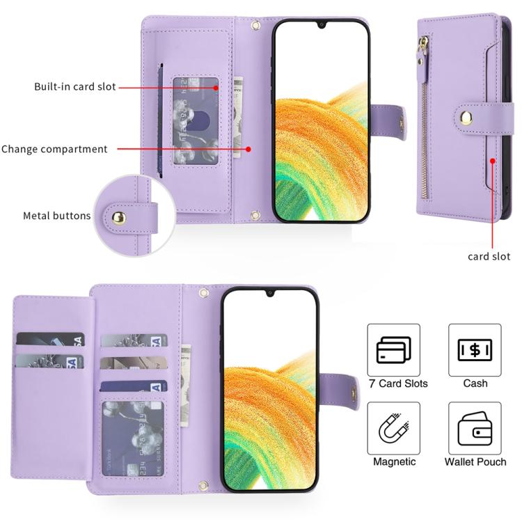 For Samsung Galaxy A33 5G Seven Card Slots Zipper Wallet Leather Phone Case with Lanyard