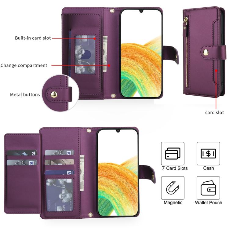For Samsung Galaxy A33 5G Seven Card Slots Zipper Wallet Leather Phone Case with Lanyard