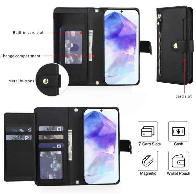 For Samsung Galaxy A55 5G Seven Card Slots Zipper Wallet Leather Phone Case with Lanyard