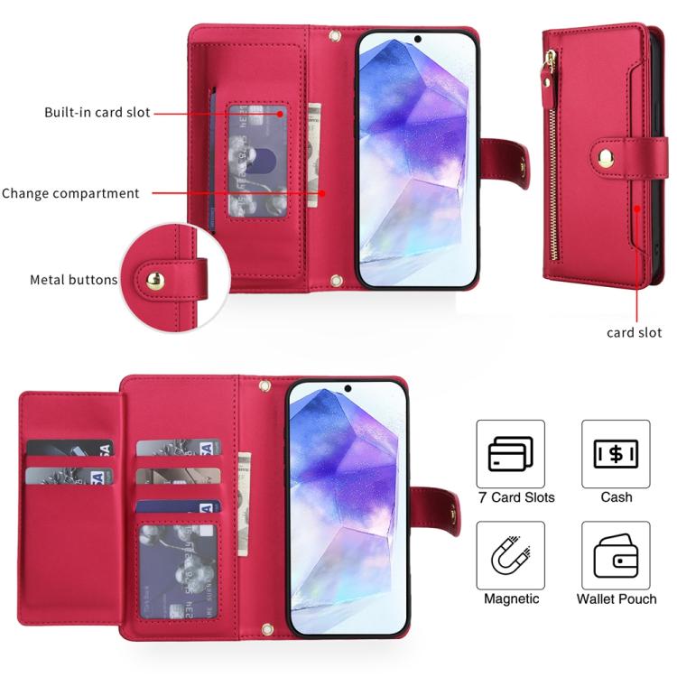 For Samsung Galaxy A55 5G Seven Card Slots Zipper Wallet Leather Phone Case with Lanyard