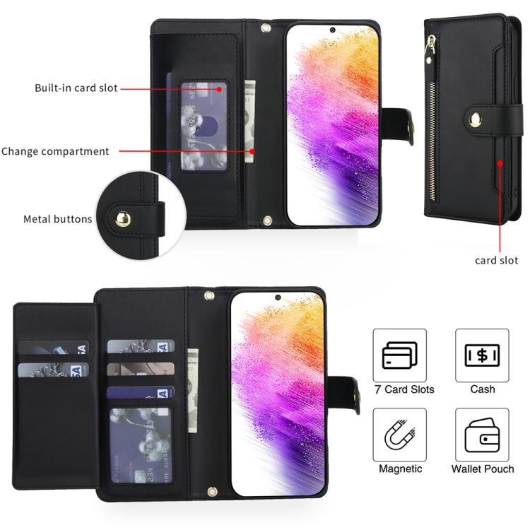 For Samsung Galaxy A73 Seven Card Slots Zipper Wallet Leather Phone Case with Lanyard