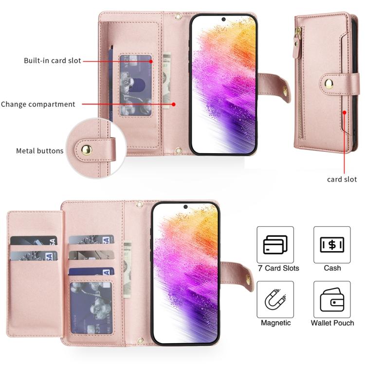 For Samsung Galaxy A73 Seven Card Slots Zipper Wallet Leather Phone Case with Lanyard