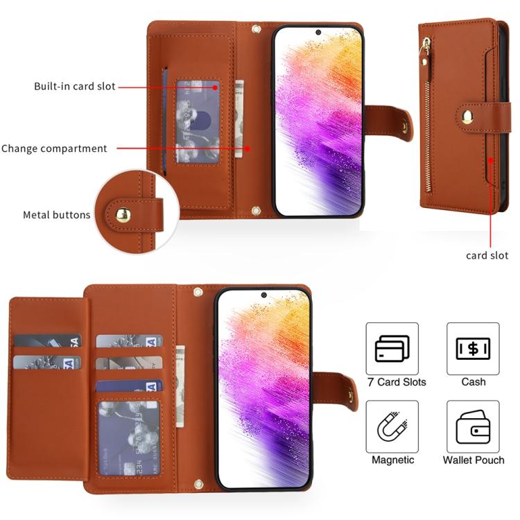 For Samsung Galaxy A73 Seven Card Slots Zipper Wallet Leather Phone Case with Lanyard