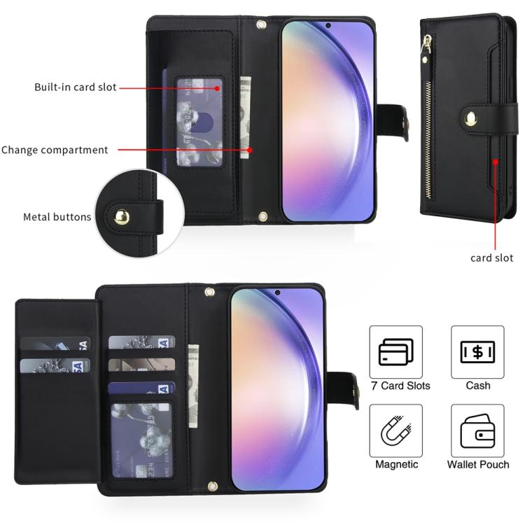 For Samsung Galaxy A54 5G Seven Card Slots Zipper Wallet Leather Phone Case with Lanyard