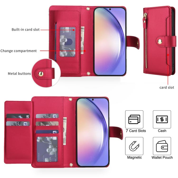 For Samsung Galaxy A54 5G Seven Card Slots Zipper Wallet Leather Phone Case with Lanyard