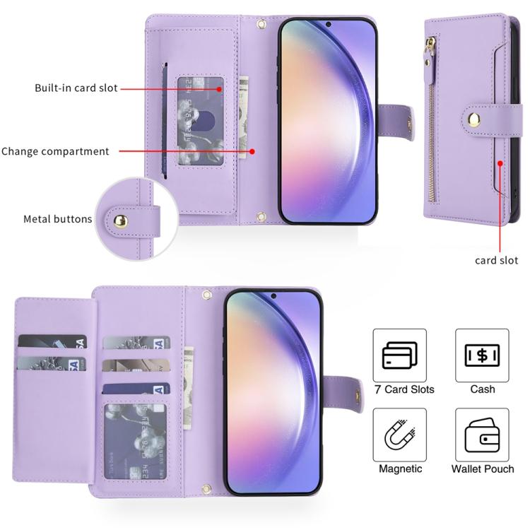 For Samsung Galaxy A54 5G Seven Card Slots Zipper Wallet Leather Phone Case with Lanyard