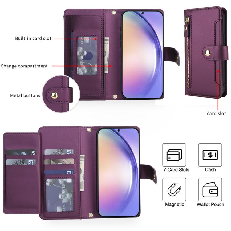 For Samsung Galaxy A54 5G Seven Card Slots Zipper Wallet Leather Phone Case with Lanyard