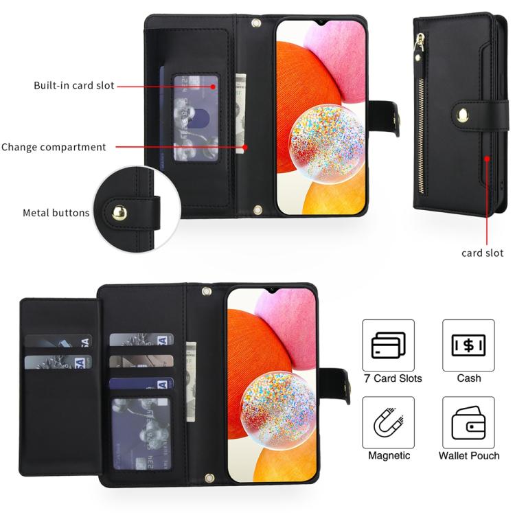 For Samsung Galaxy A14 5G / 4G Seven Card Slots Zipper Wallet Leather Phone Case with Lanyard