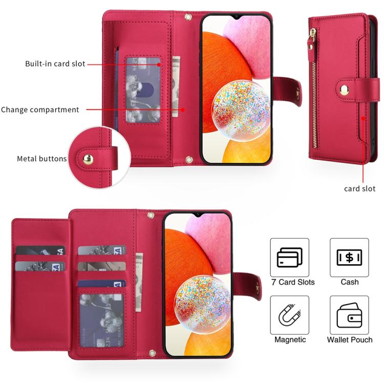 For Samsung Galaxy A14 5G / 4G Seven Card Slots Zipper Wallet Leather Phone Case with Lanyard