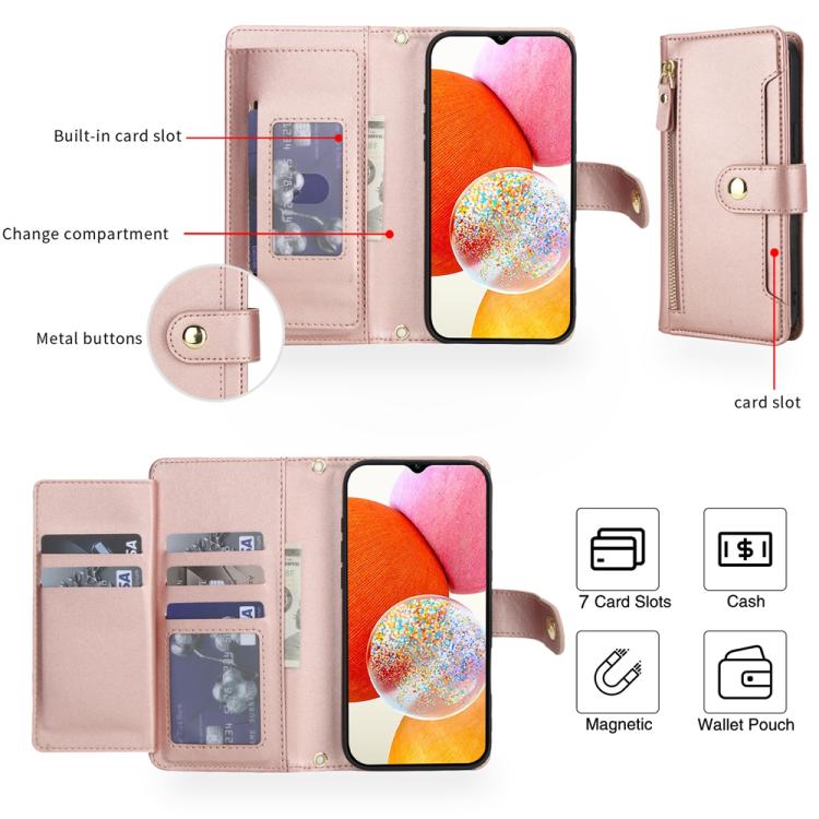 For Samsung Galaxy A14 5G / 4G Seven Card Slots Zipper Wallet Leather Phone Case with Lanyard