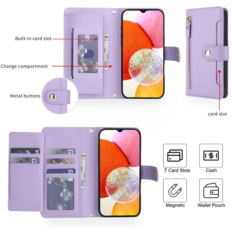 For Samsung Galaxy A14 5G / 4G Seven Card Slots Zipper Wallet Leather Phone Case with Lanyard