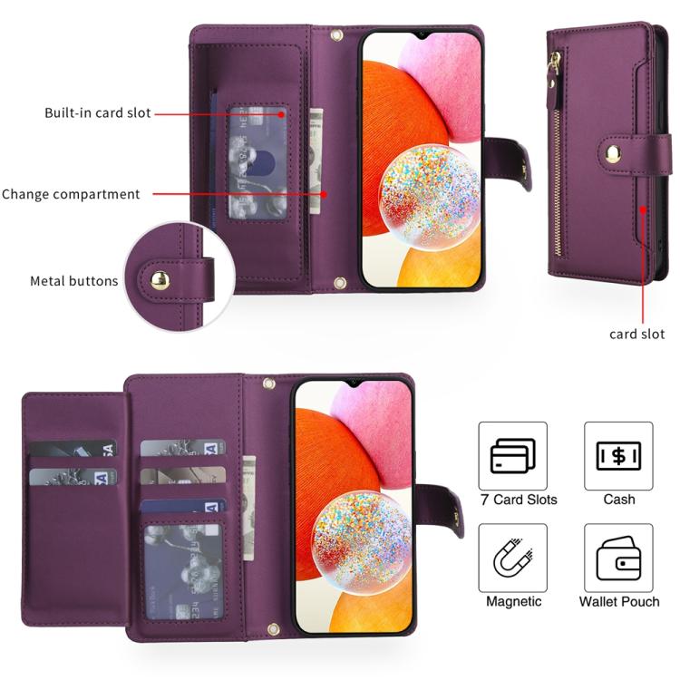 For Samsung Galaxy A14 5G / 4G Seven Card Slots Zipper Wallet Leather Phone Case with Lanyard