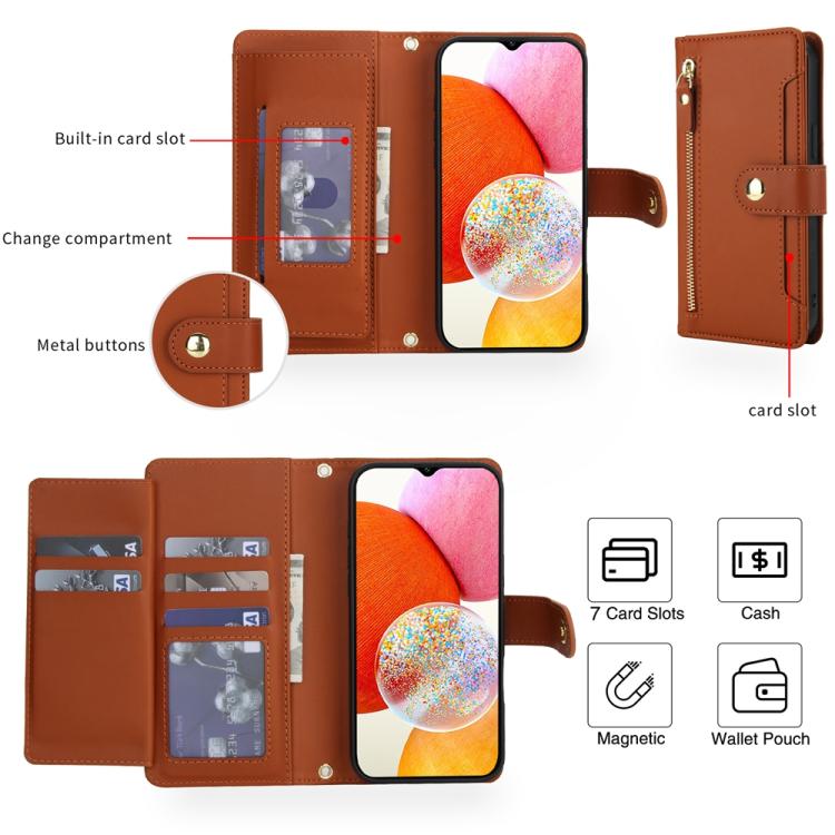 For Samsung Galaxy A14 5G / 4G Seven Card Slots Zipper Wallet Leather Phone Case with Lanyard