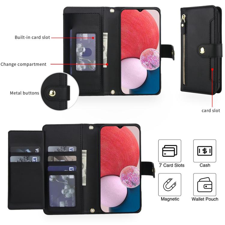 For Samsung Galaxy A13 / M13 5G / A04 / A04s Seven Card Slots Zipper Wallet Leather Phone Case with Lanyard