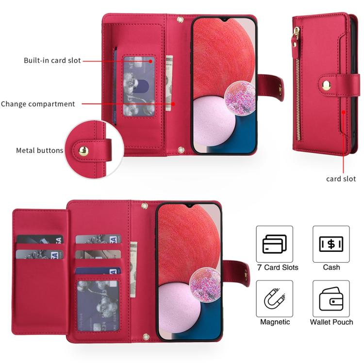 For Samsung Galaxy A13 / M13 5G / A04 / A04s Seven Card Slots Zipper Wallet Leather Phone Case with Lanyard