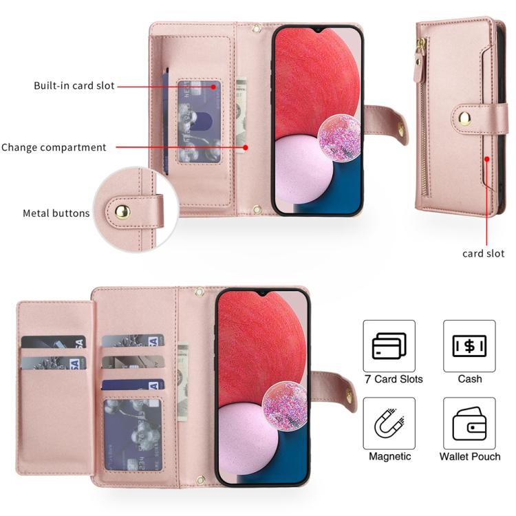 For Samsung Galaxy A13 / M13 5G / A04 / A04s Seven Card Slots Zipper Wallet Leather Phone Case with Lanyard