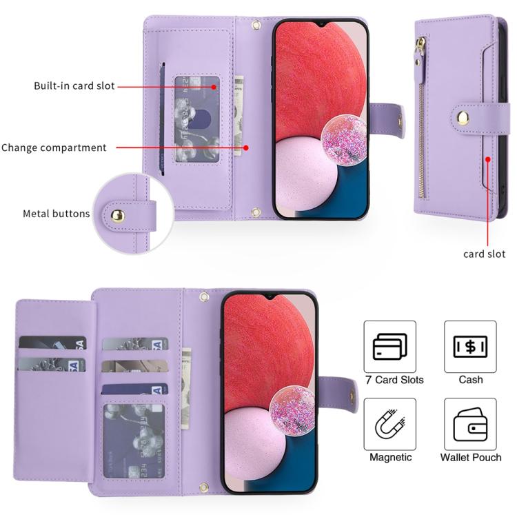 For Samsung Galaxy A13 / M13 5G / A04 / A04s Seven Card Slots Zipper Wallet Leather Phone Case with Lanyard