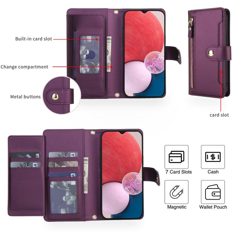 For Samsung Galaxy A13 / M13 5G / A04 / A04s Seven Card Slots Zipper Wallet Leather Phone Case with Lanyard